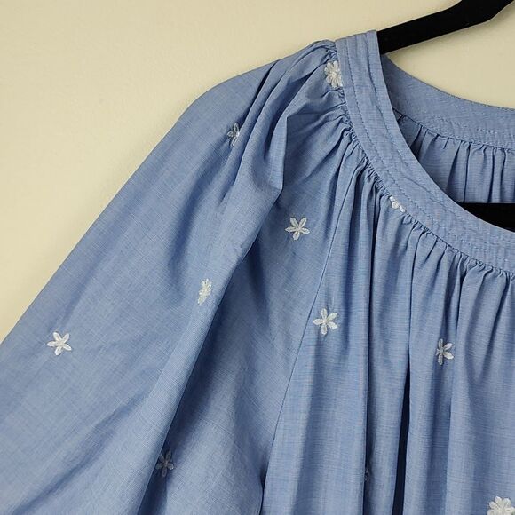 J. Crew The Perfect Embroidered Chambray Cotton Blouse Top Puff Sleeves Size S - Picture 3 of 12